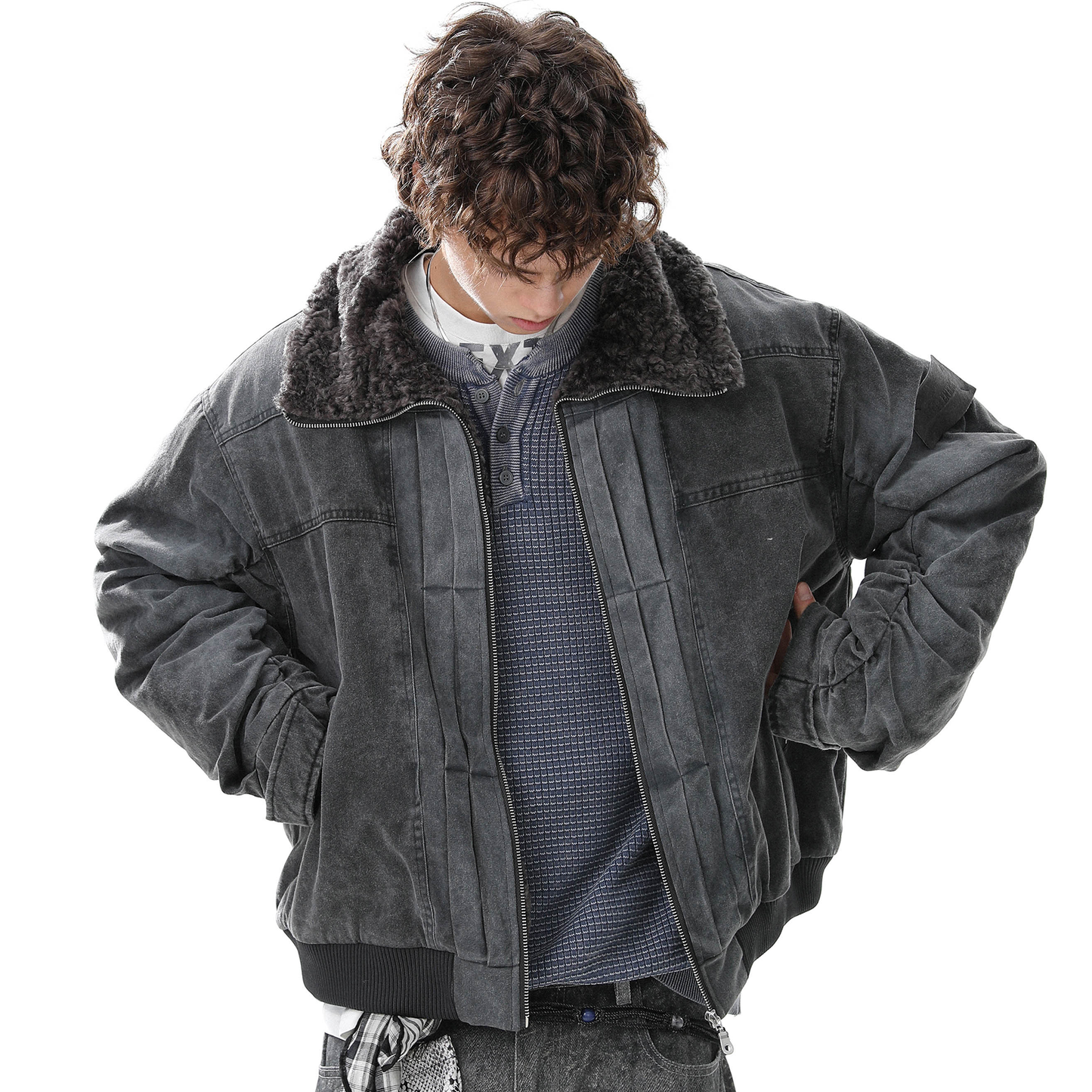 Vintage Distressed Pleated Shearling Collar Fleece Jacket