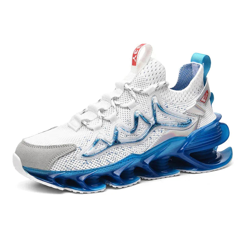 Angled view of Nova Sole T84 Sneakers in white and blue with breathable mesh and dynamic sole - LUXURYURBANWEAR fashion sneakers.