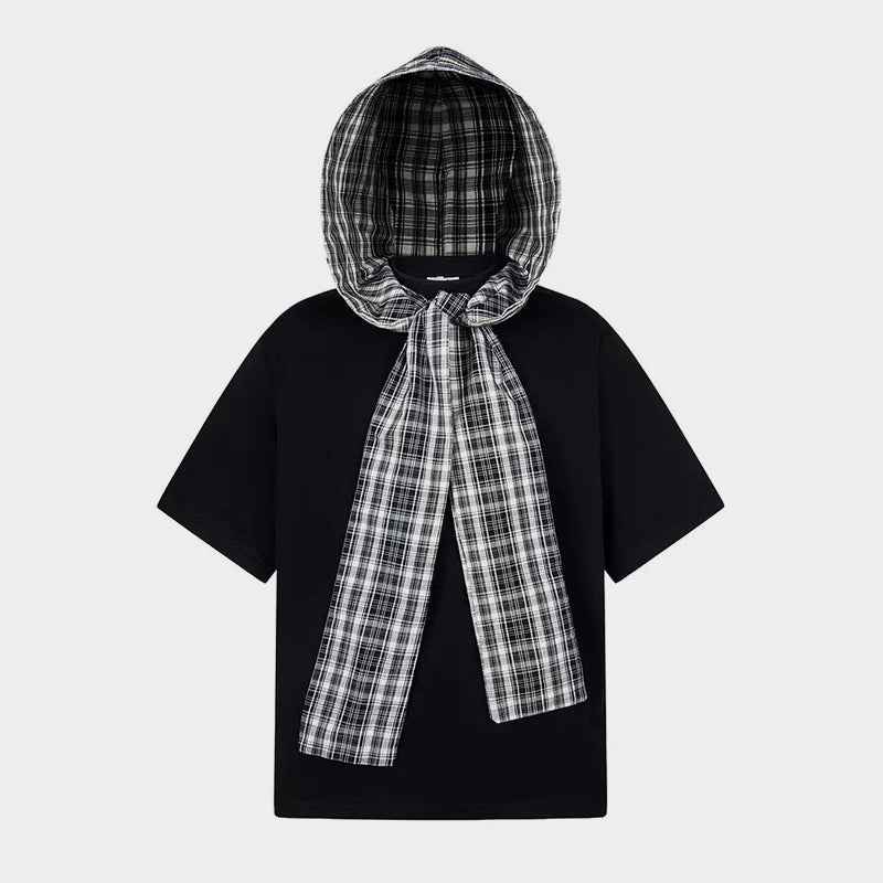 Detachable Badge | Hooded Plaid Cape T-shirt