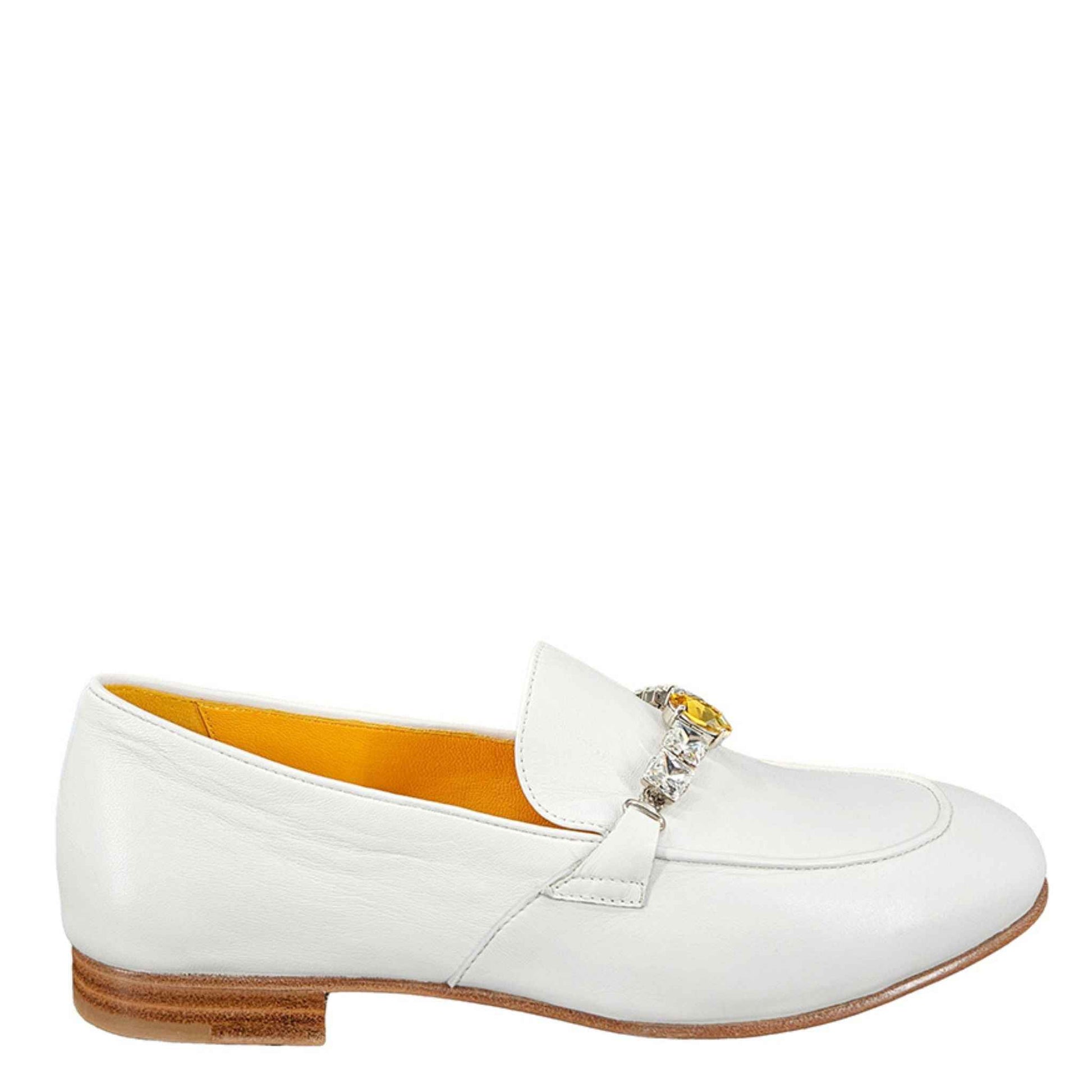 White Leather Flat Jeweled Loafer