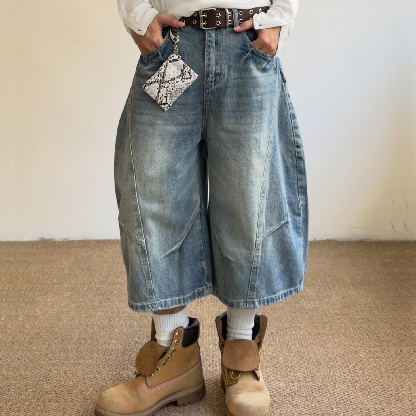 Curved Silhouette 3D Paneled Denim Shorts