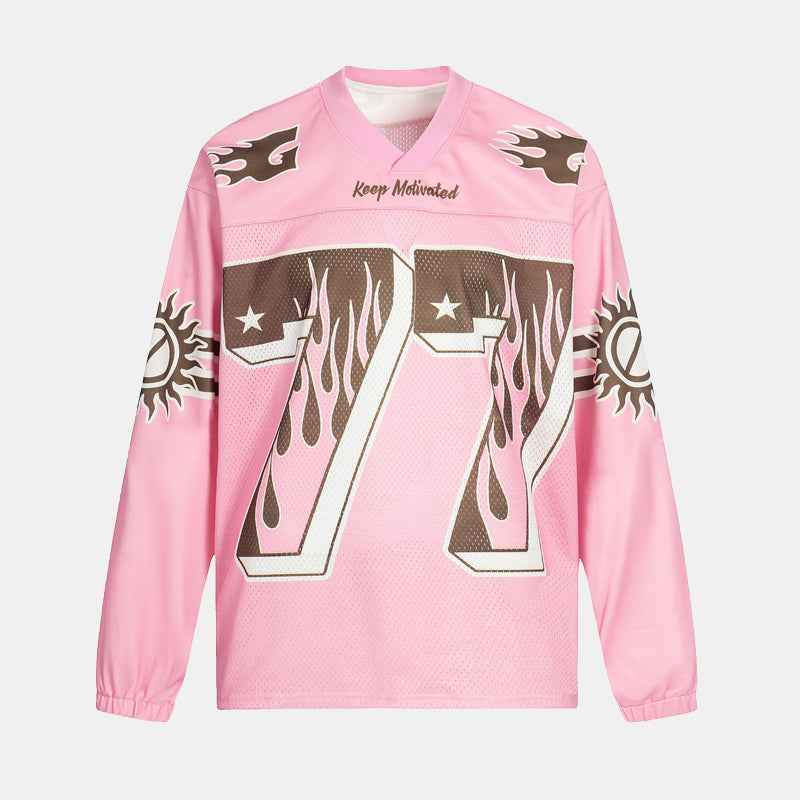 Retro Graphic Flame Number Print | Long-Sleeve Jersey T-Shirt
