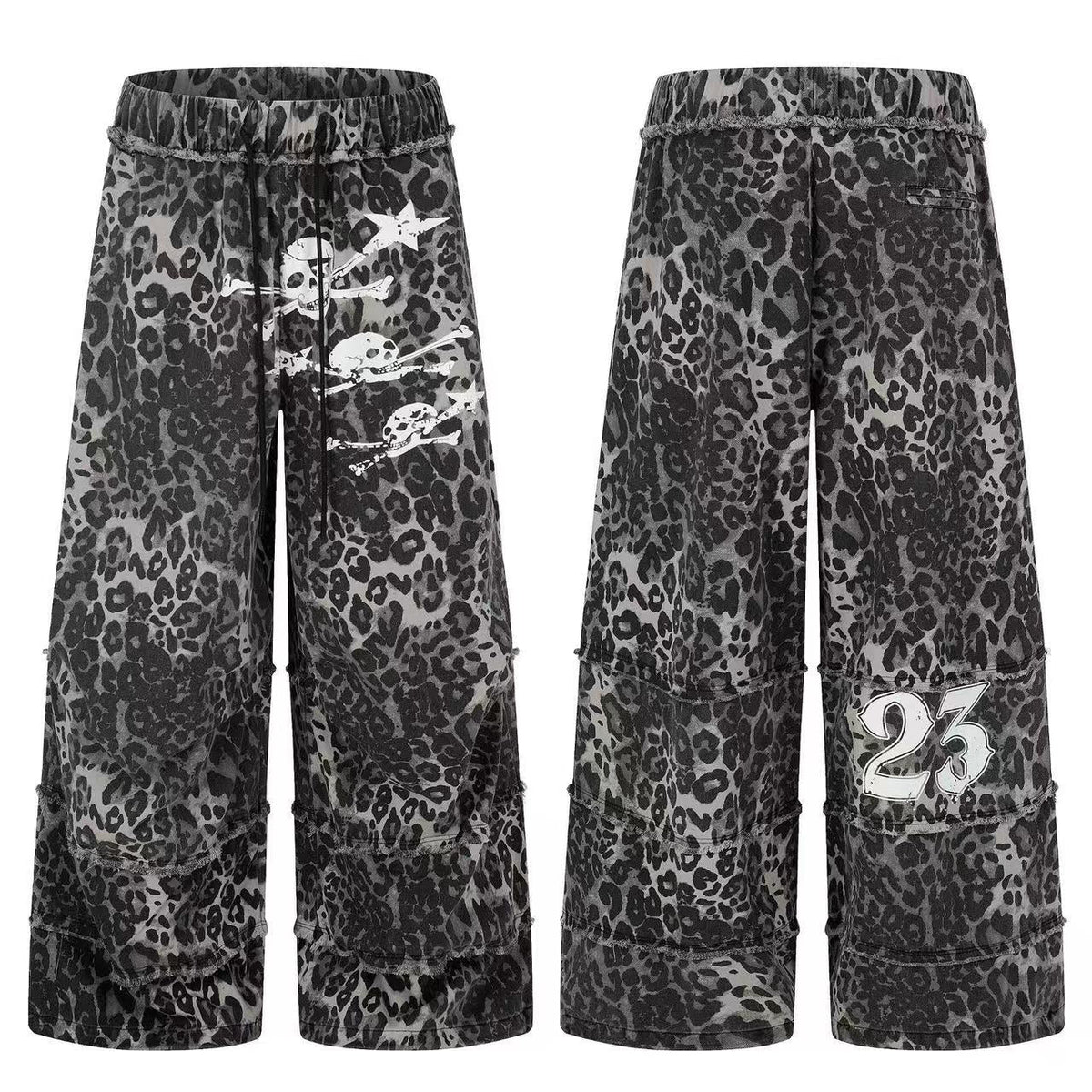 Leopard Print Skull 23 Raw Edge Wide-Leg Pants