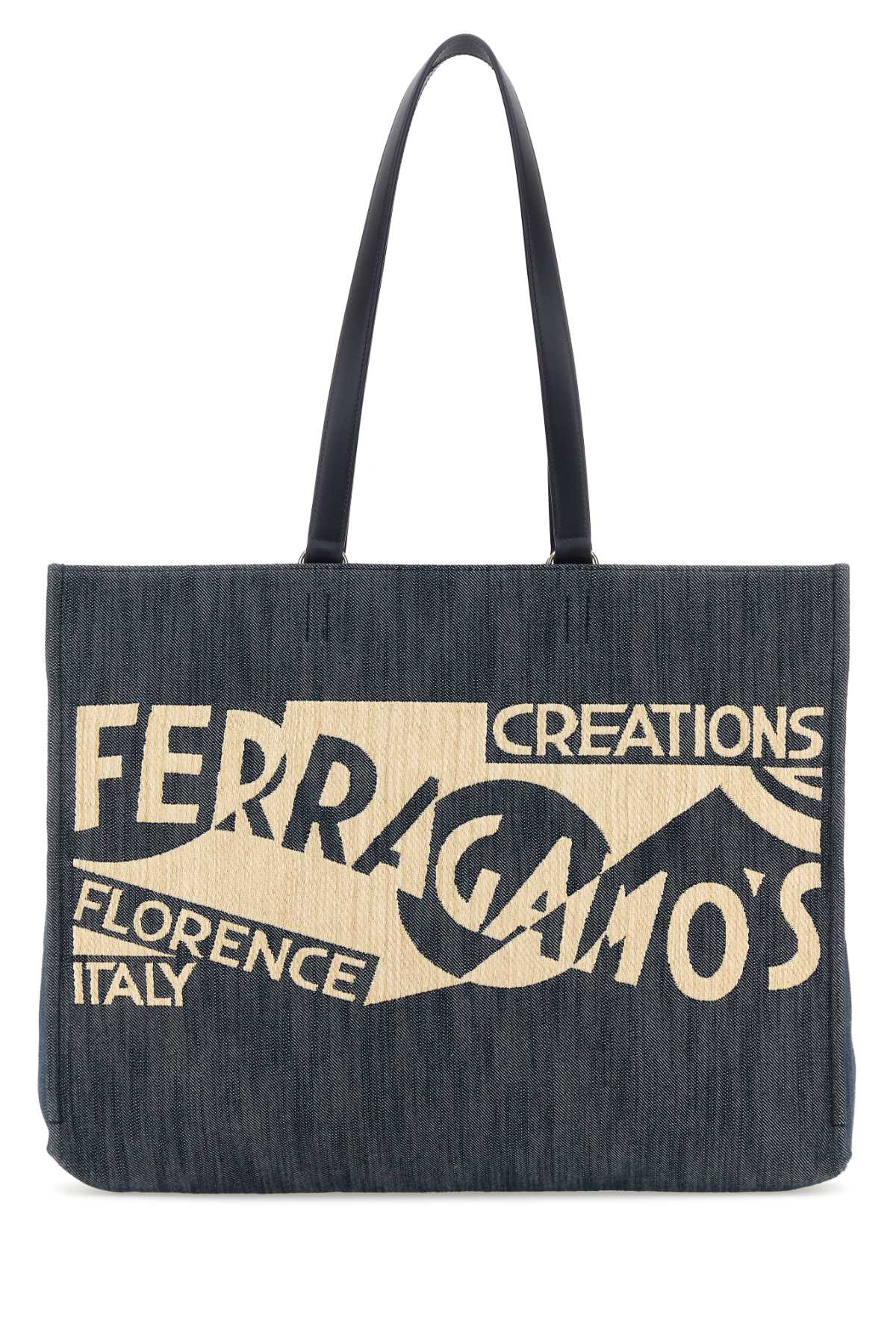 Salvatore Ferragamo Women Blue Denim Large Tt Sign Shopping Bag