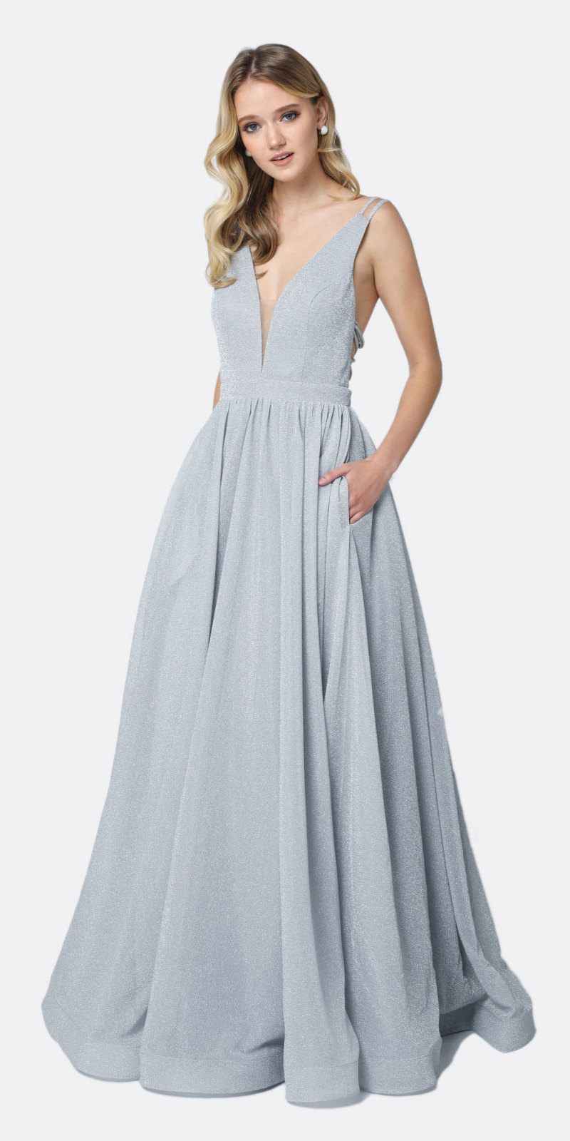Juliet 201 Plunging V-Neckline Long Glitter Dress A-Line