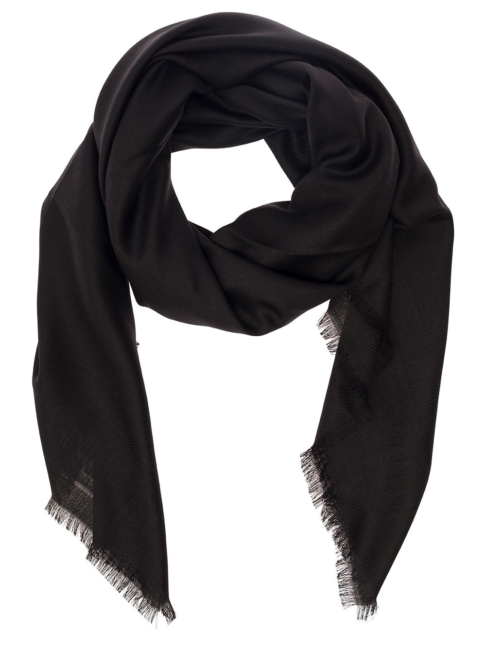 Saint Laurent Men Black Scarf With Jacquard Logo And Fringed Hem In Wool And Silk Man