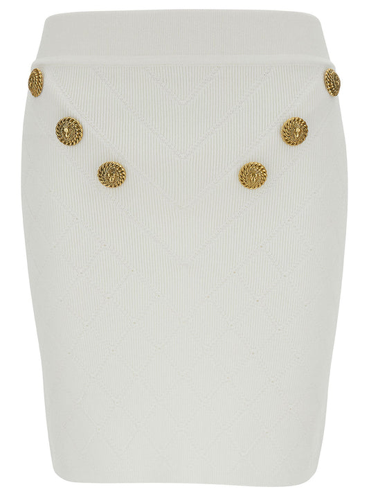 Balmain Women White Mini Pencil Skirt With Jewel Buttons In Viscose Blend Woman