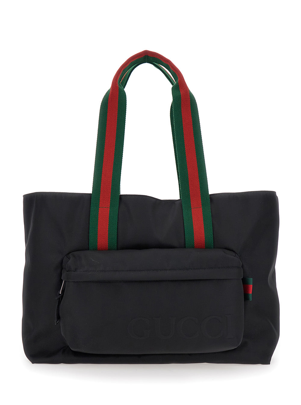 Gucci Men Black Tote Bag With Web Handles And Logo Lettering On The Front In Tech Fabric Man