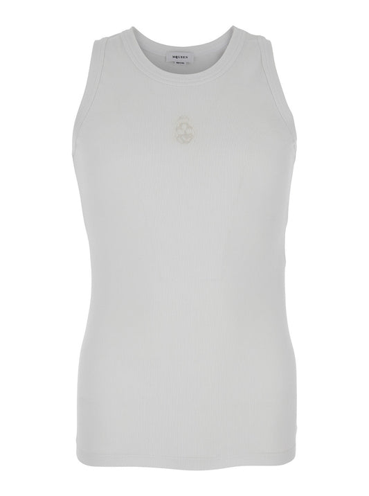 Alexander Mcqueen Men White Top With Upside Down Skull Embroidery On The Front In Cotton Jersey Man