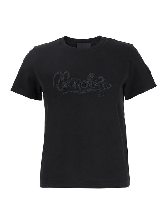Moncler Women Black T-Shirt With Logo Embroidered On The Front In Cotton Woman