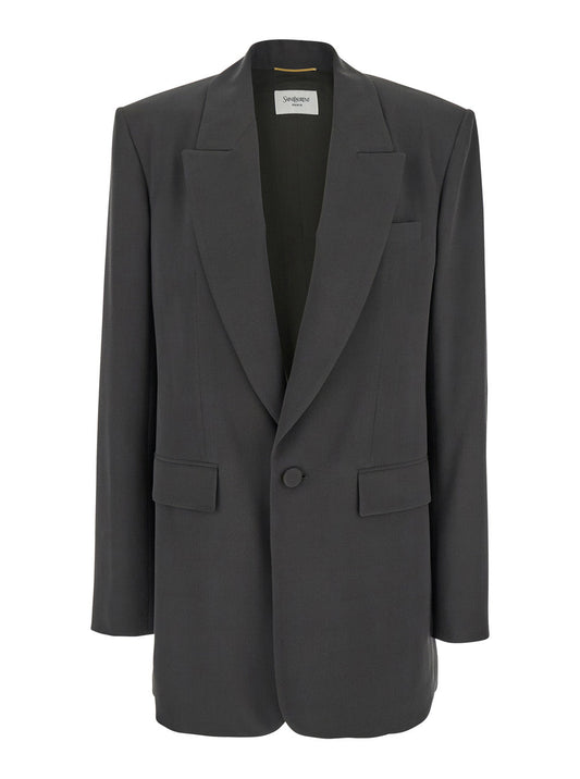 Saint Laurent Women Grey Single-Breasted Jacket With Peak Revers In Silk Woman