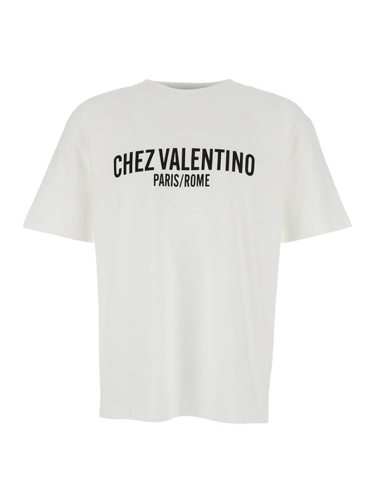 Valentino Men 'Chez' White Crewneck T-Shirt With Maxi Logo Print On The Front In Cotton Man