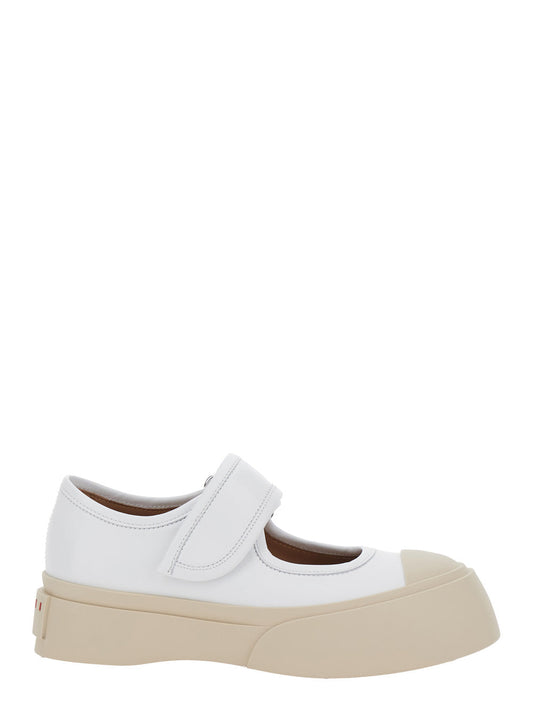 Marni Women 'Mary Jane' White Sandals With Touch-Strap Closure And Logo Patch On The Rear In Leather Woman