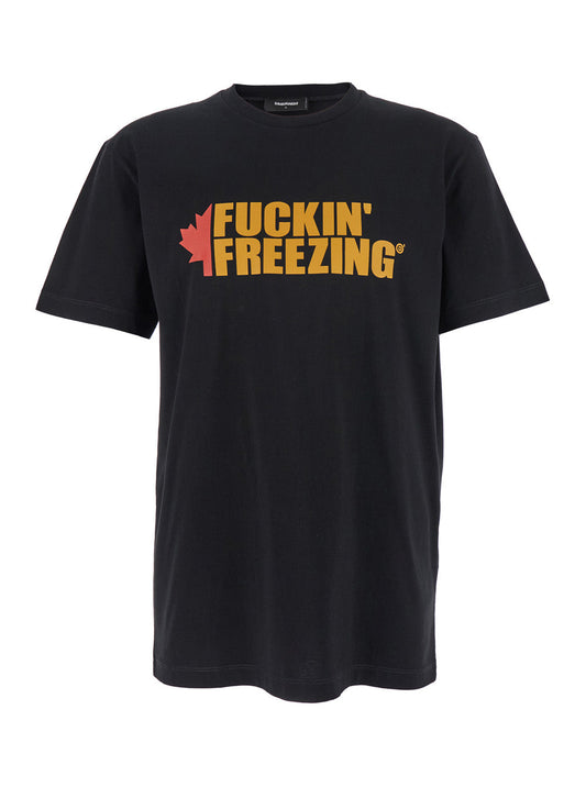 Dsquared2 Men Black Crewneck T-Shirt With Print On The Front And Logo Lettering On The Rear In Cotton Man