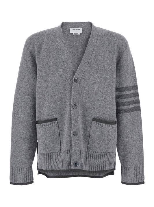 Thom Browne Men Grey Cardigan With V Neck And Striped Detail On The Sleeve In Wool Man
