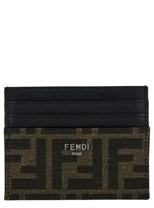 Fendi Men Ff Leather Cardholder With Metal Lettering Brown Men