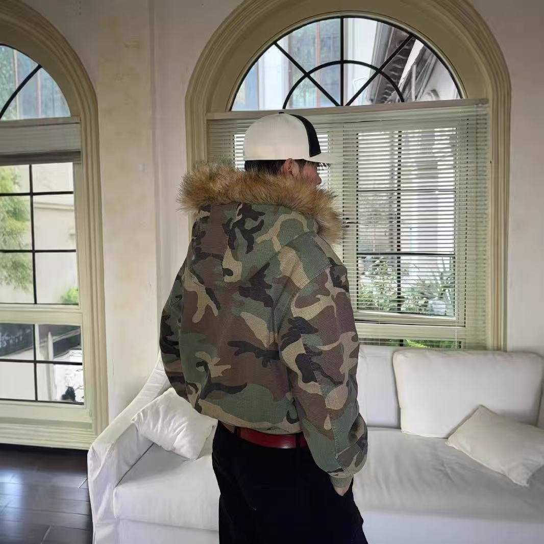 Reversible Camo Fur Collar Hooded Jacket