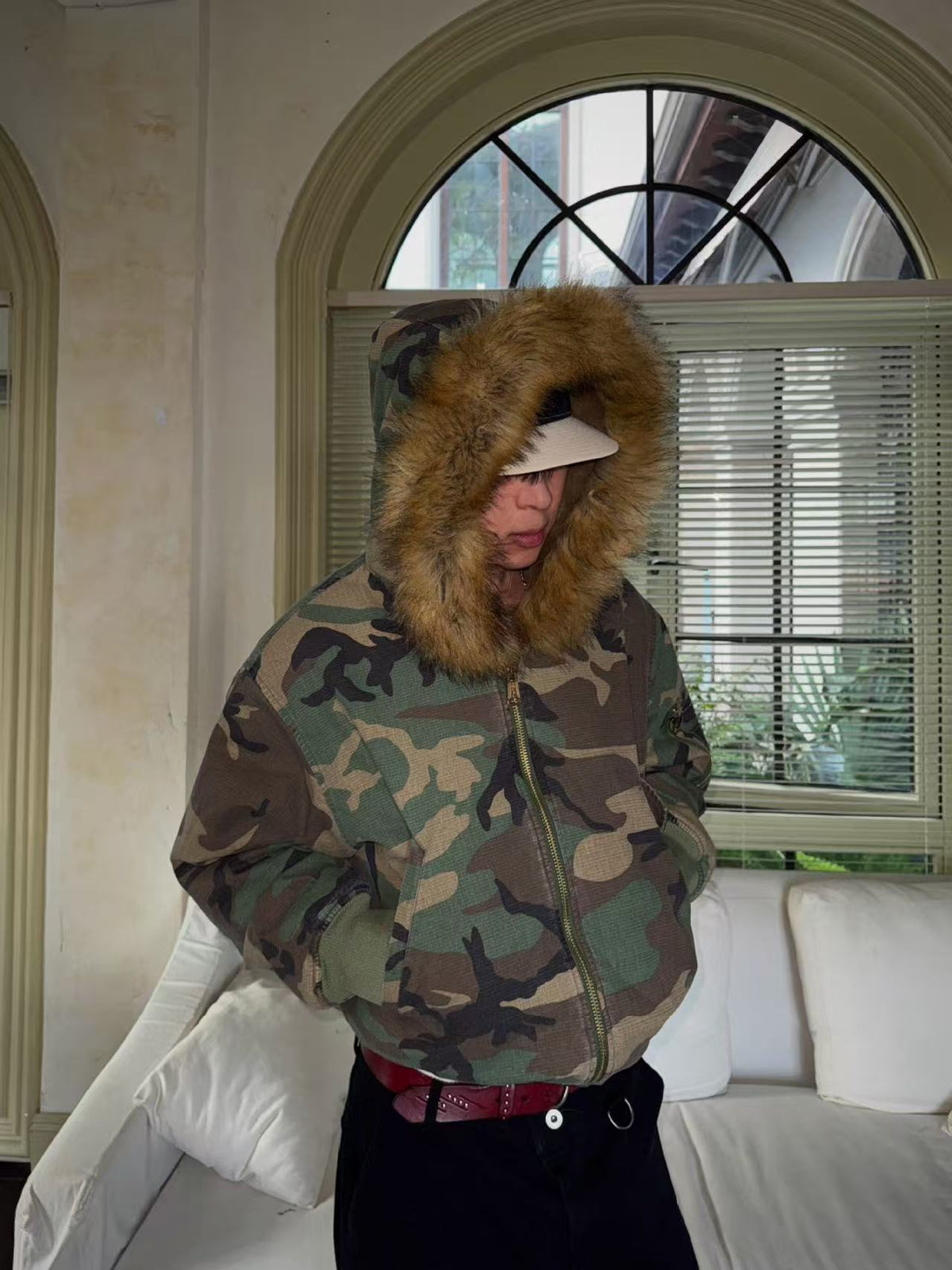 Reversible Camo Fur Collar Hooded Jacket