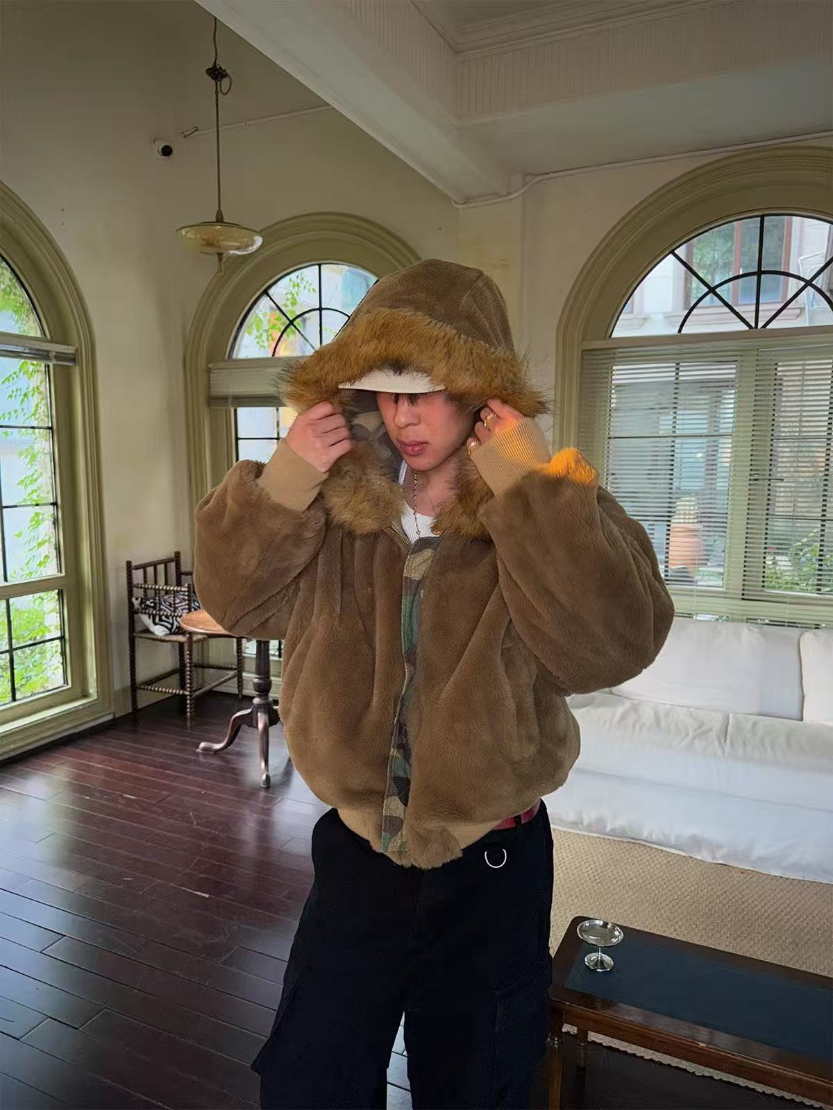 Reversible Camo Fur Collar Hooded Jacket