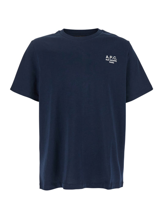 A.P.C. Men Blue Crew Neck T-Shirt With Embroidered Logo On Front In Cotton Man