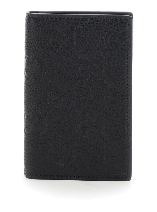 Gucci Men Black Gg Vertical Bi-Fold Wallet In Hammered Leather Man