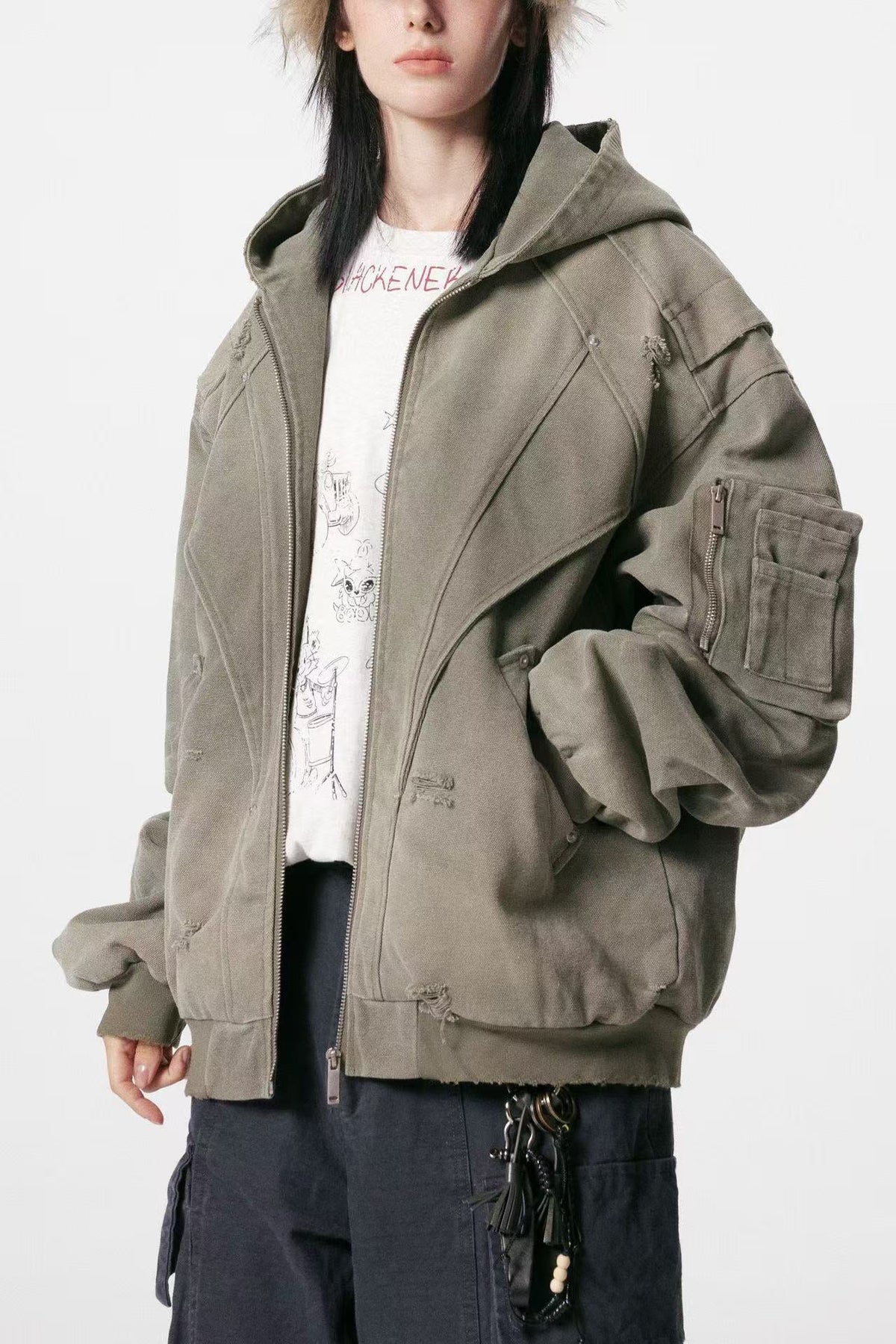 Vintage Washed Distressed Hooded Jacket