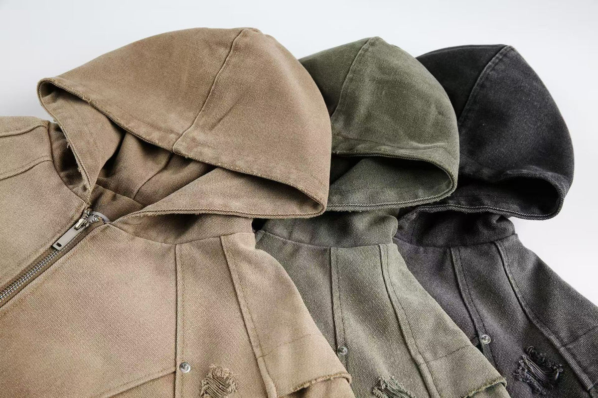 Vintage Washed Distressed Hooded Jacket