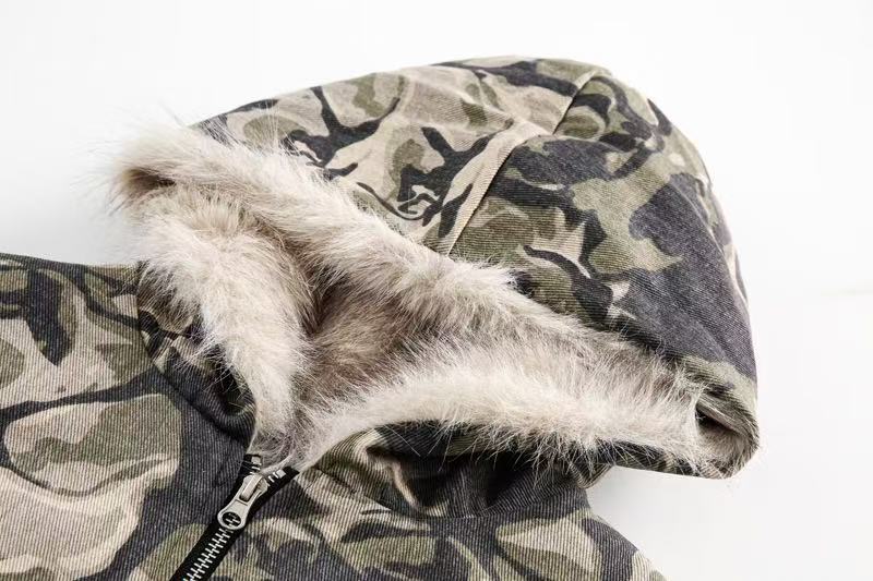 Vintage Camo Fur Collar Hooded Jacket