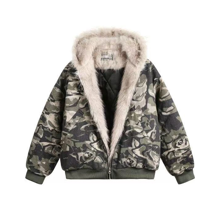 Vintage Camo Fur Collar Hooded Jacket