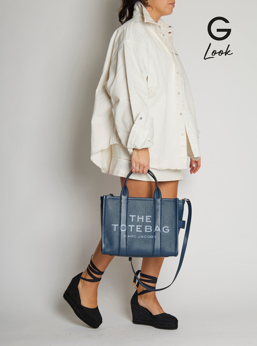 Marc Jacobs Women 'The Tote Bag Medium' Blue Bag With Printed Logo On Front In Hammered Leather Women
