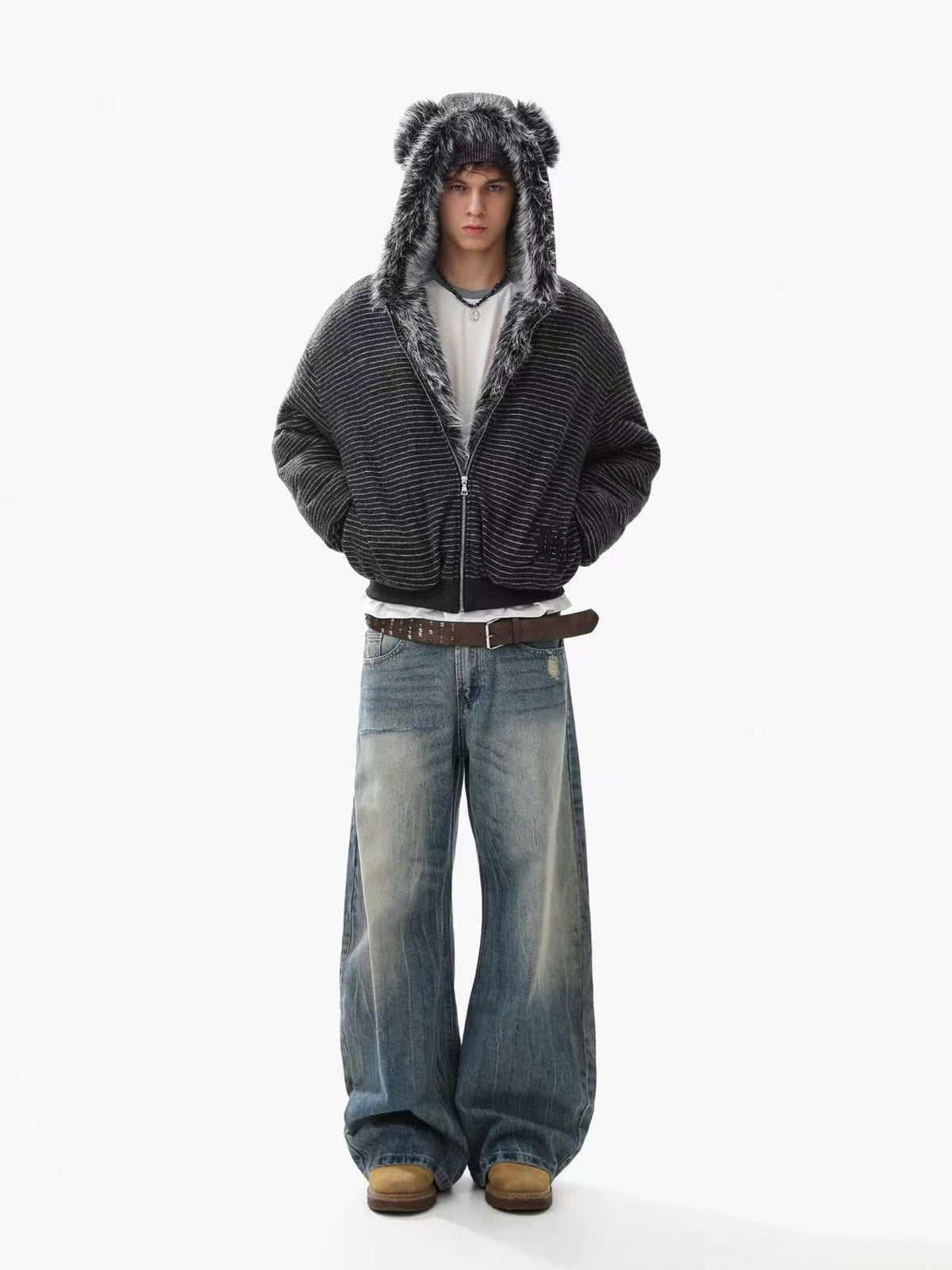 Striped Faux-Fur Collar Hooded Jacket