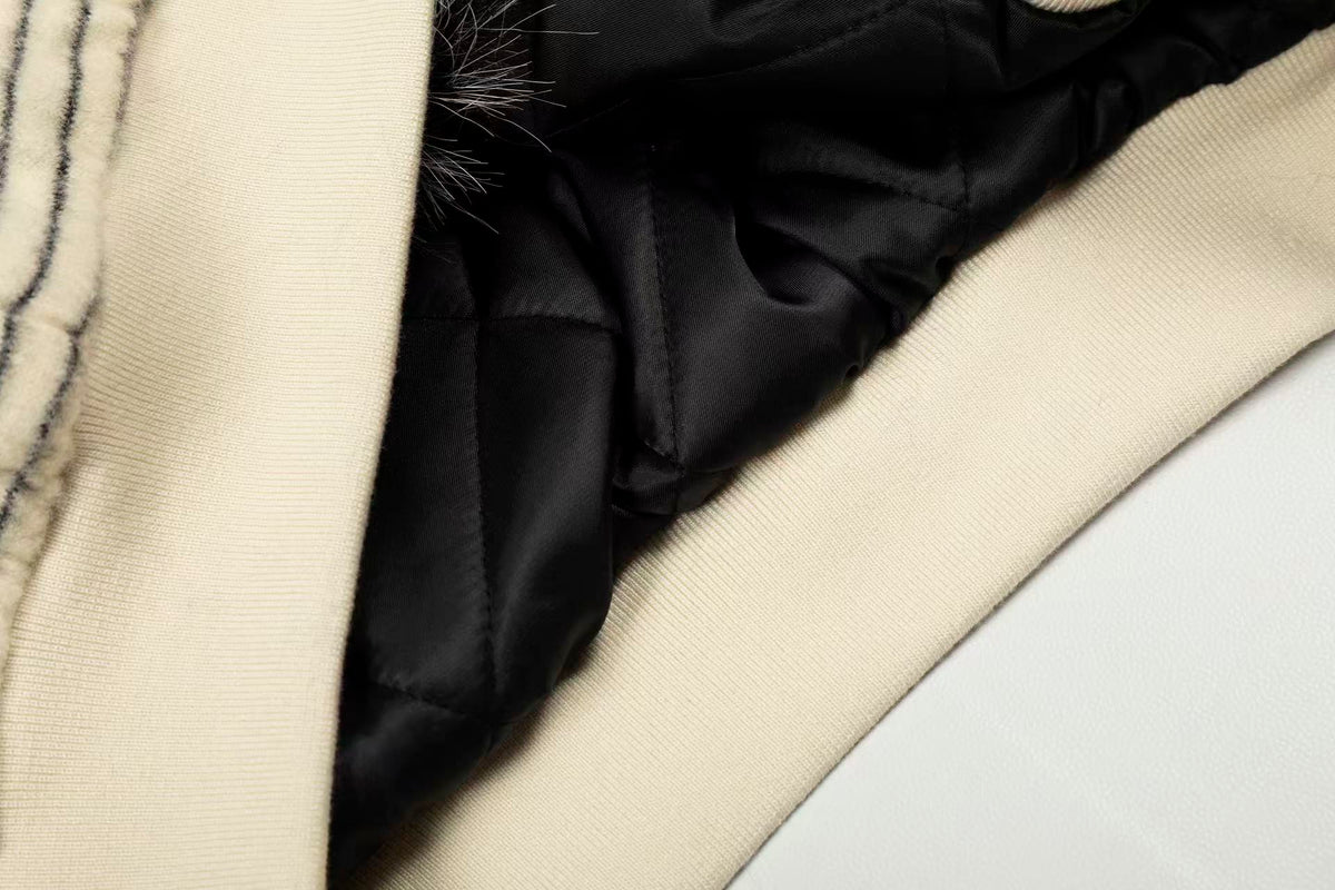 Striped Faux-Fur Collar Hooded Jacket