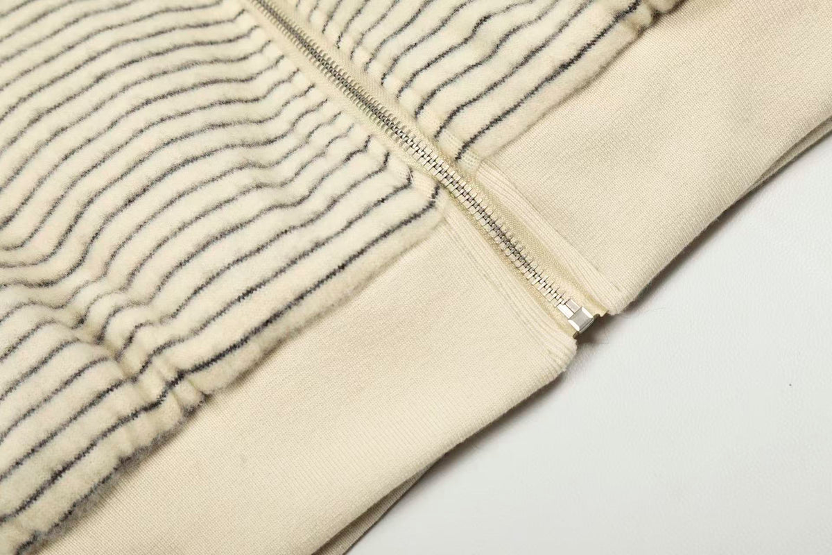 Striped Faux-Fur Collar Hooded Jacket