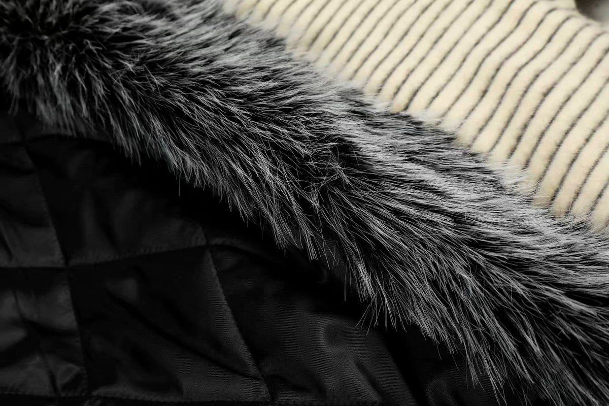 Striped Faux-Fur Collar Hooded Jacket