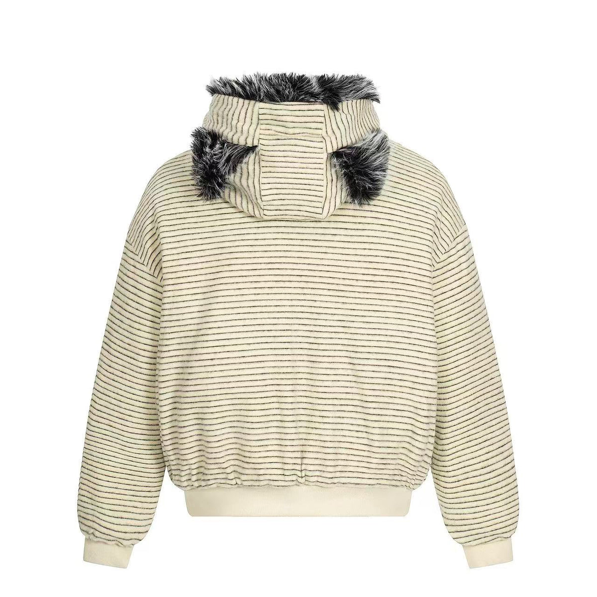 Striped Faux-Fur Collar Hooded Jacket