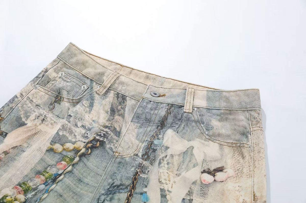Street-Style 3D-Print Graffiti Wide-Leg Jeans