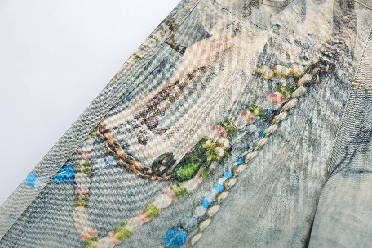 Street-Style 3D-Print Graffiti Wide-Leg Jeans