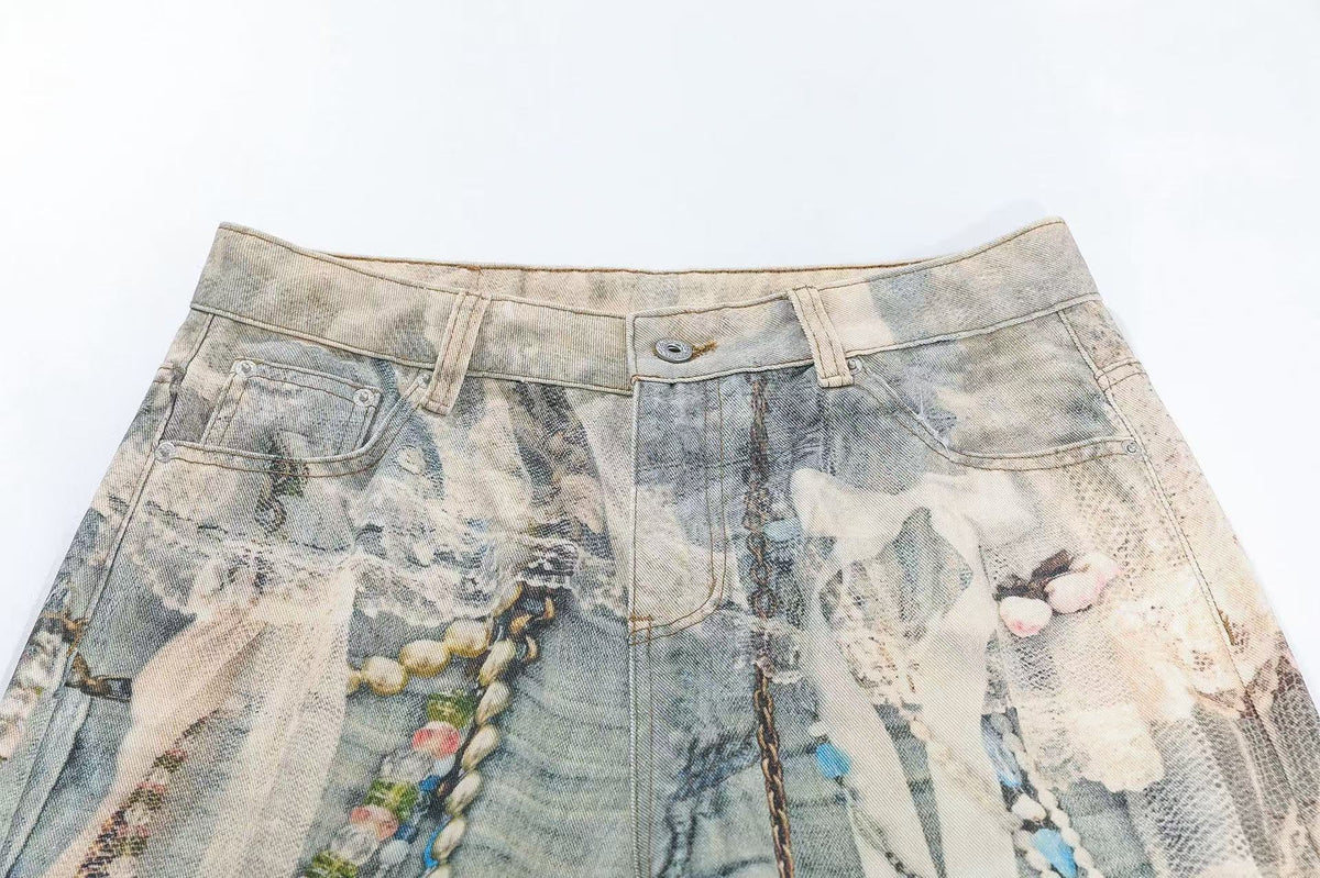 Street-Style 3D-Print Graffiti Wide-Leg Jeans
