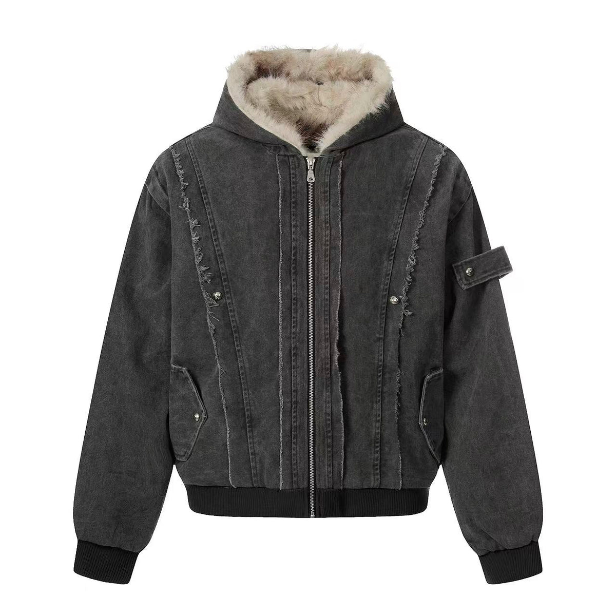 Vintage Stitch Detail Faux-Fur Collar Hooded Jacket