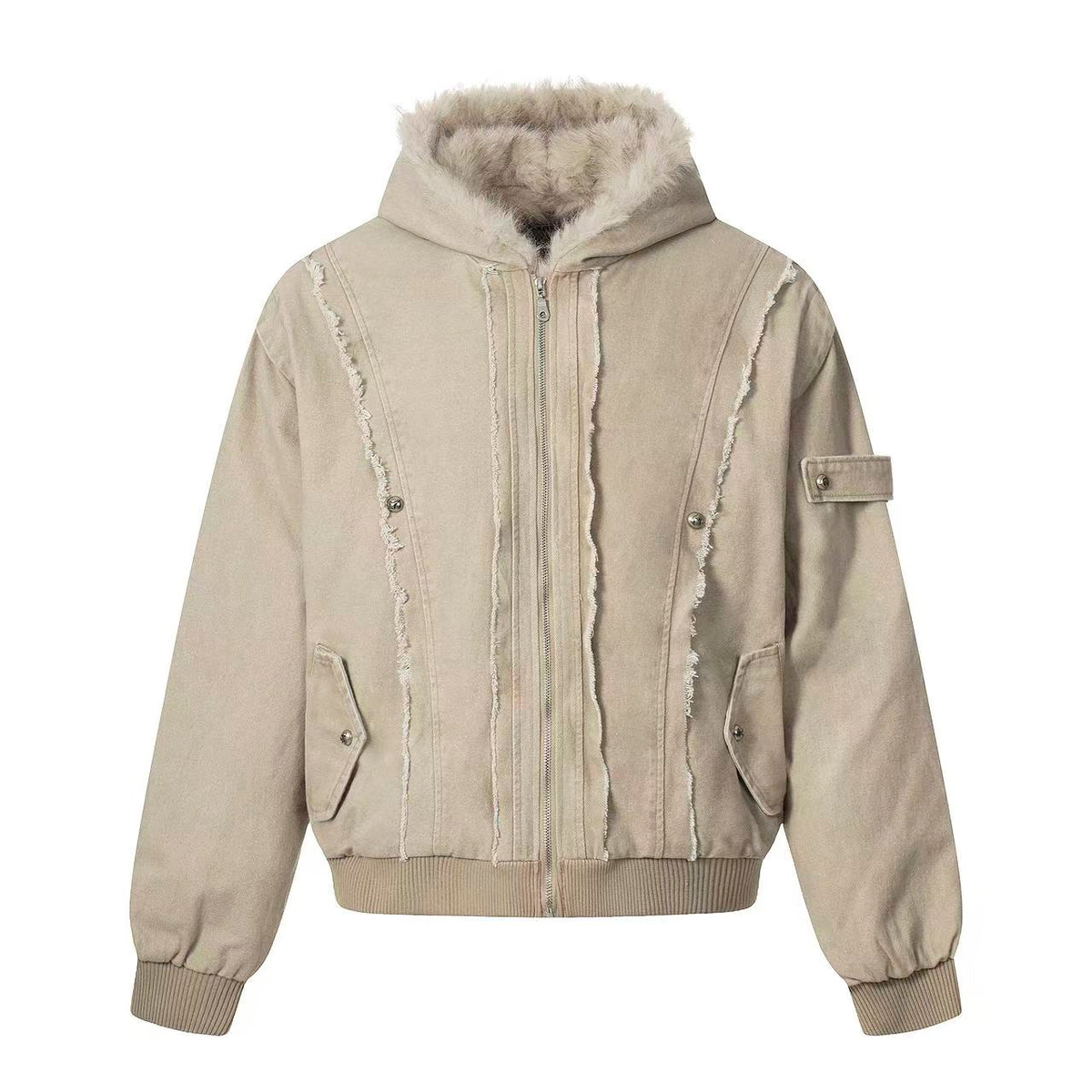 Vintage Stitch Detail Faux-Fur Collar Hooded Jacket