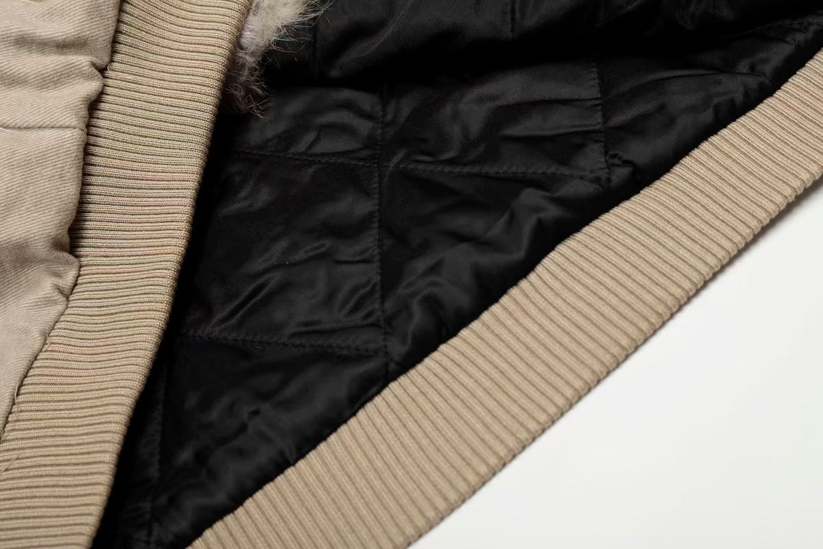Vintage Stitch Detail Faux-Fur Collar Hooded Jacket