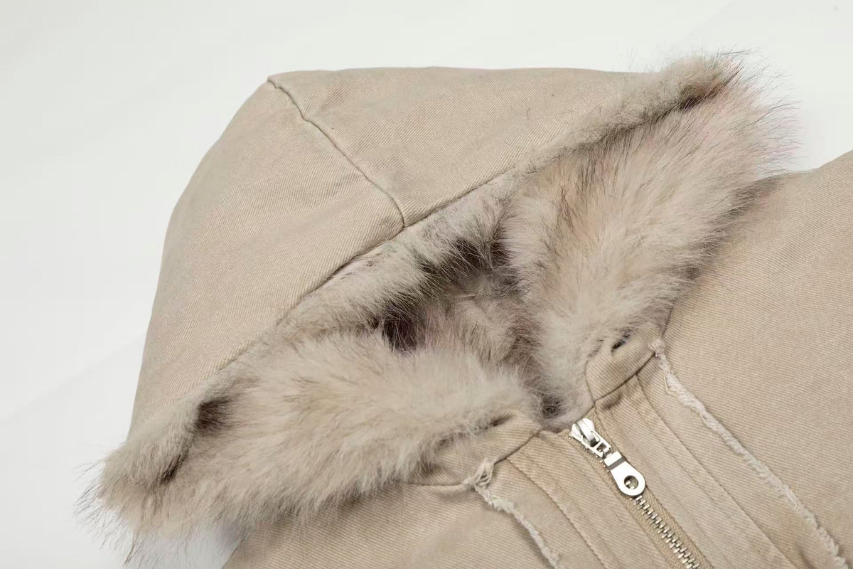 Vintage Stitch Detail Faux-Fur Collar Hooded Jacket