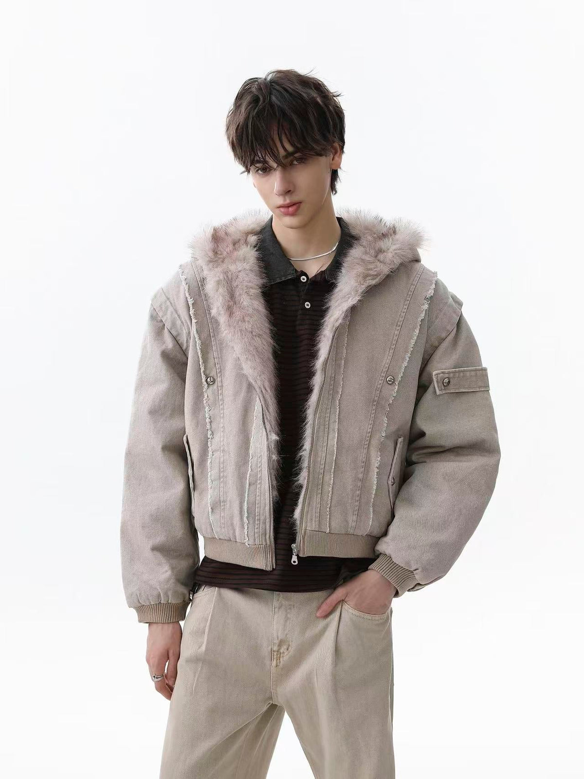 Vintage Stitch Detail Faux-Fur Collar Hooded Jacket