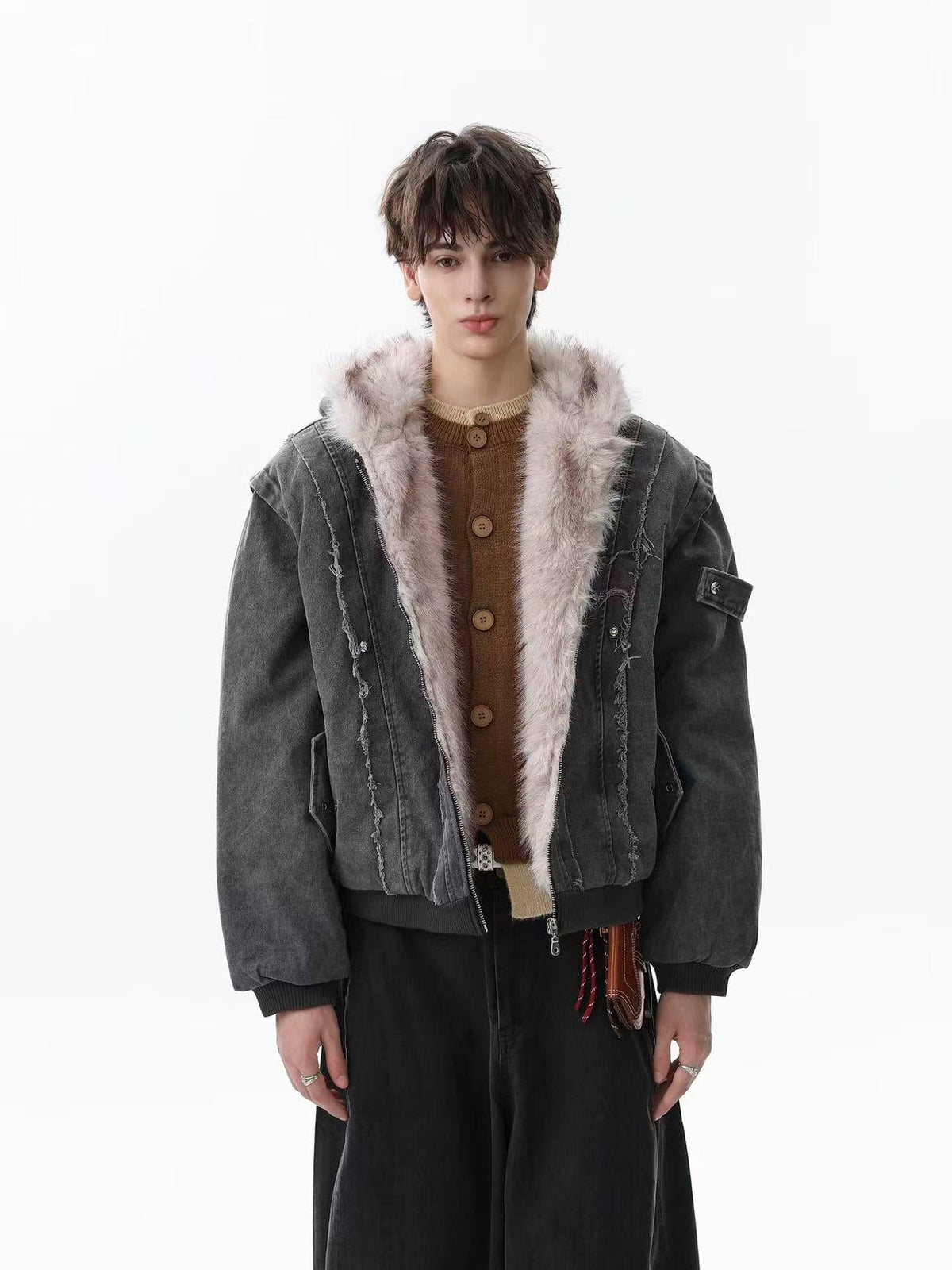 Vintage Stitch Detail Faux-Fur Collar Hooded Jacket