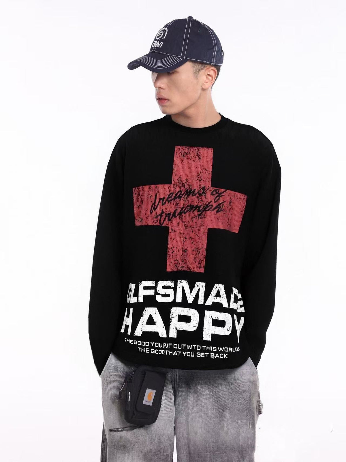 Streetwear Red Cross Print Waffle Knit Long Sleeve