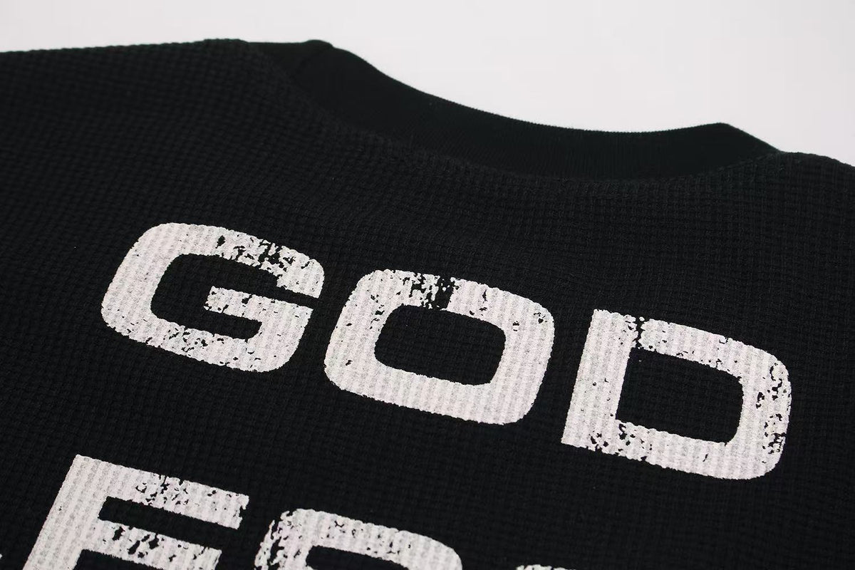 Streetwear Red Cross Print Waffle Knit Long Sleeve