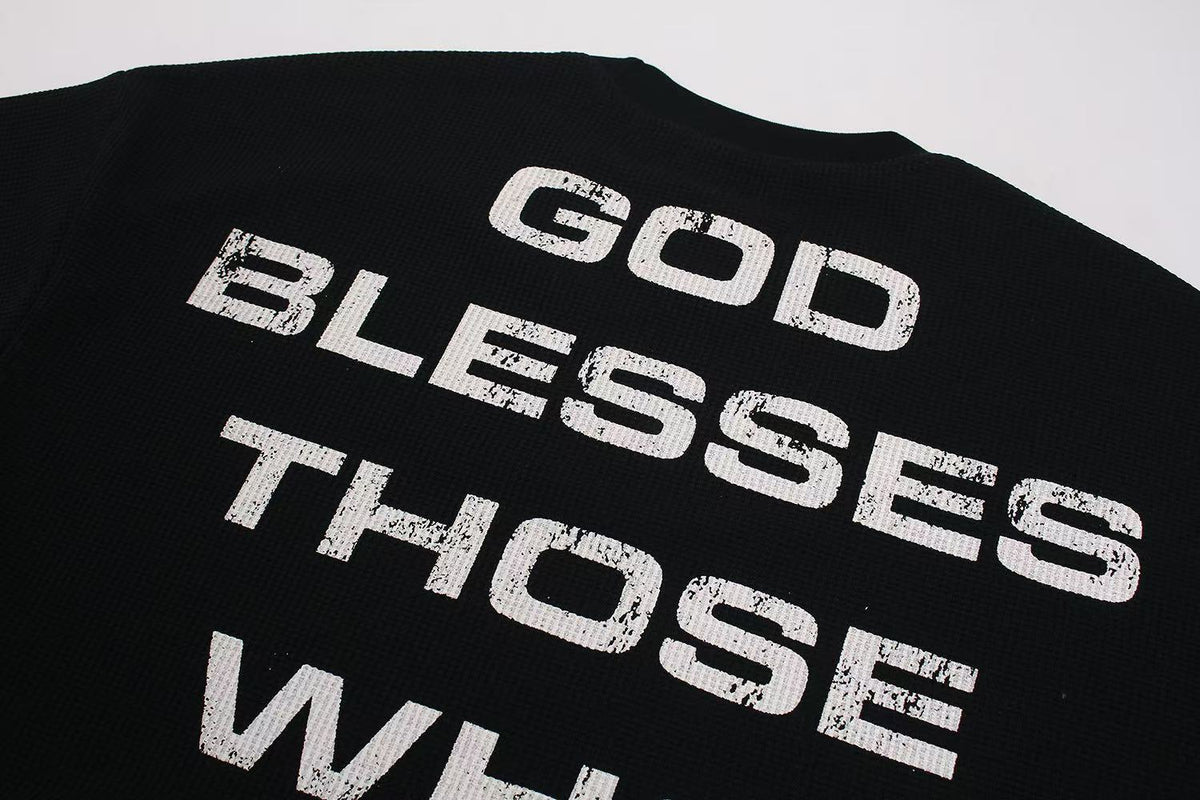 Streetwear Red Cross Print Waffle Knit Long Sleeve
