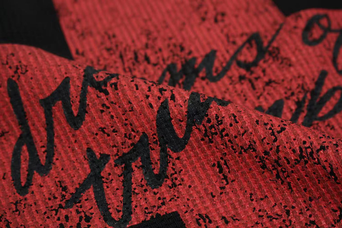 Streetwear Red Cross Print Waffle Knit Long Sleeve