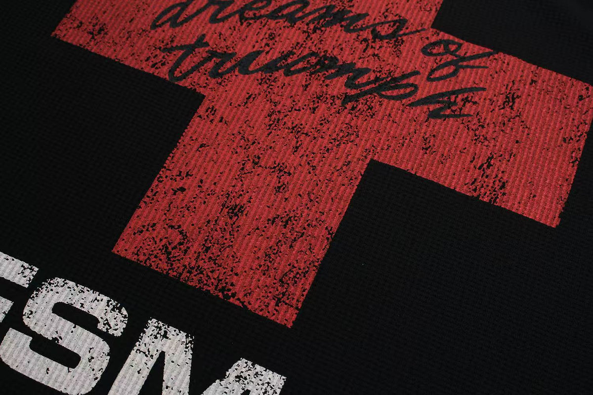Streetwear Red Cross Print Waffle Knit Long Sleeve