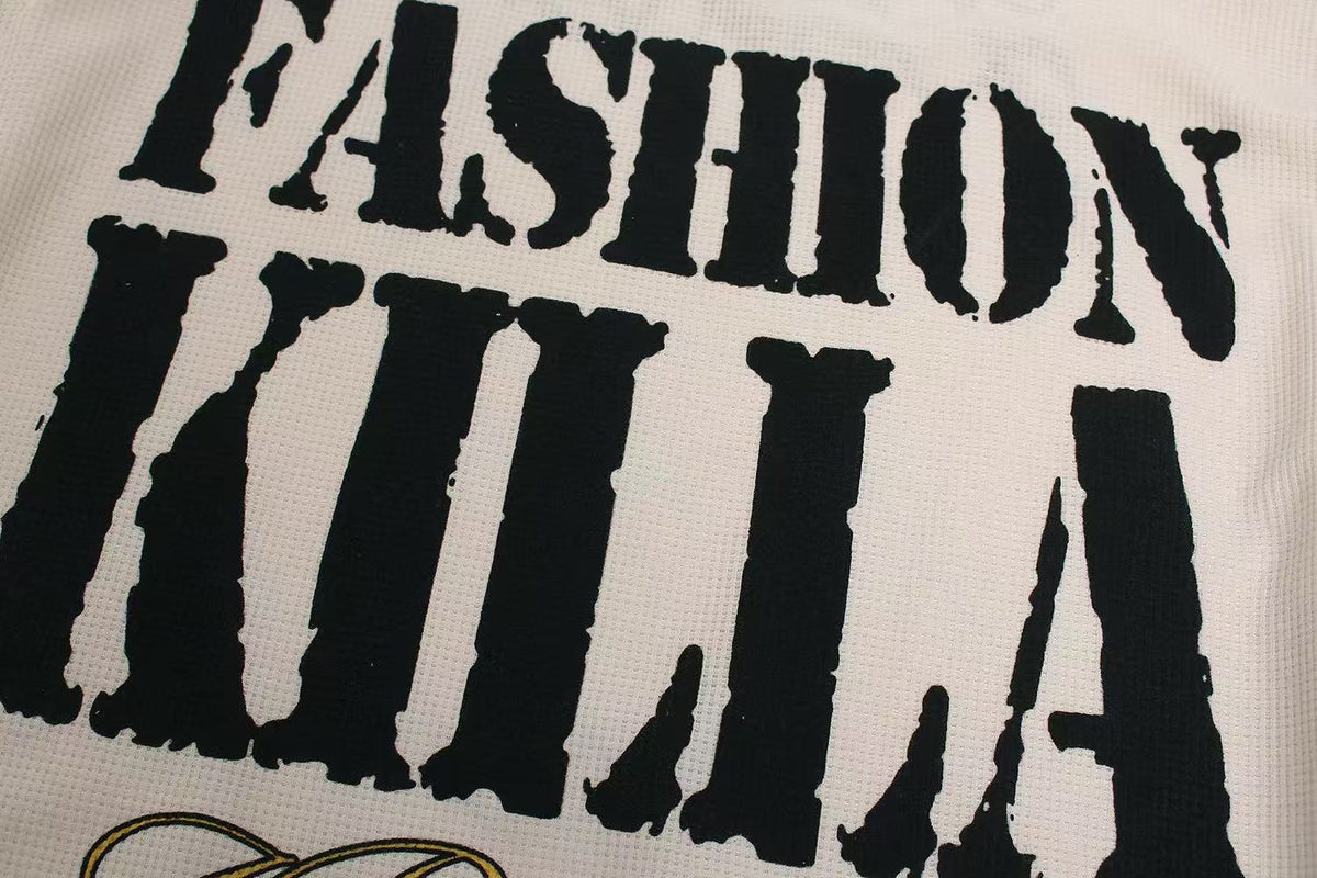 Streetwear Typography Waffle Knit Long Sleeve